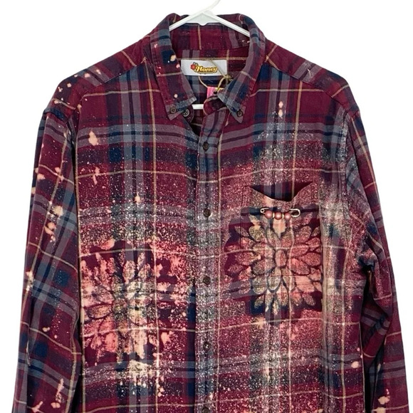 Handmade Boho Flannel Shirt Floral Stencil Bleached Plaid Womens Large XL Red - Picture 3 of 14